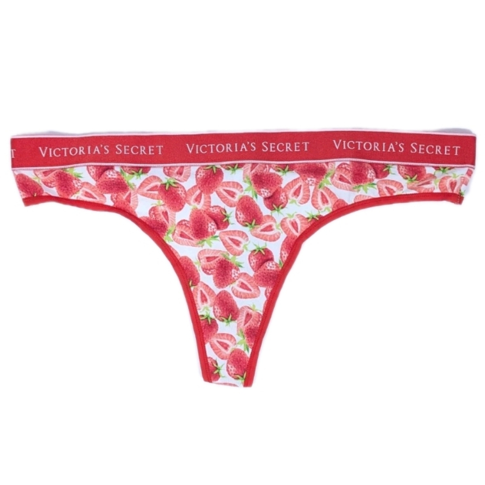 Victoria's Secret Cotton Thong XL Women Panty Strawberry VS Logo wide waistband